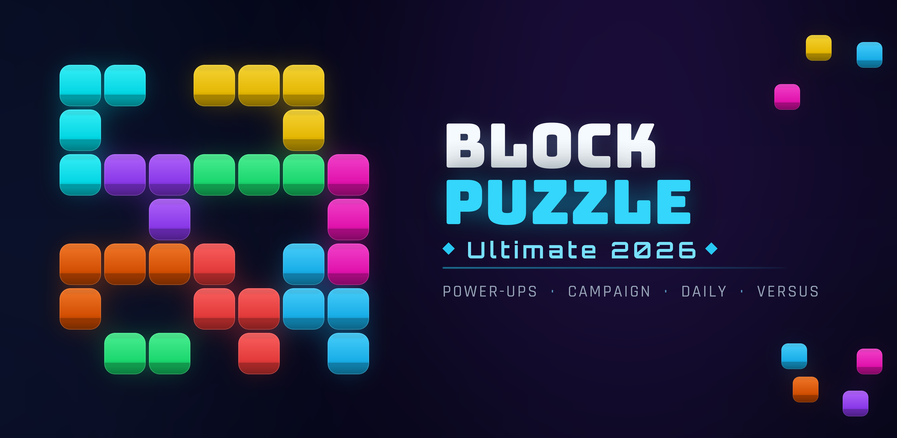 Block Puzzle Ultimate 2026 — colourful neon block puzzle artwork