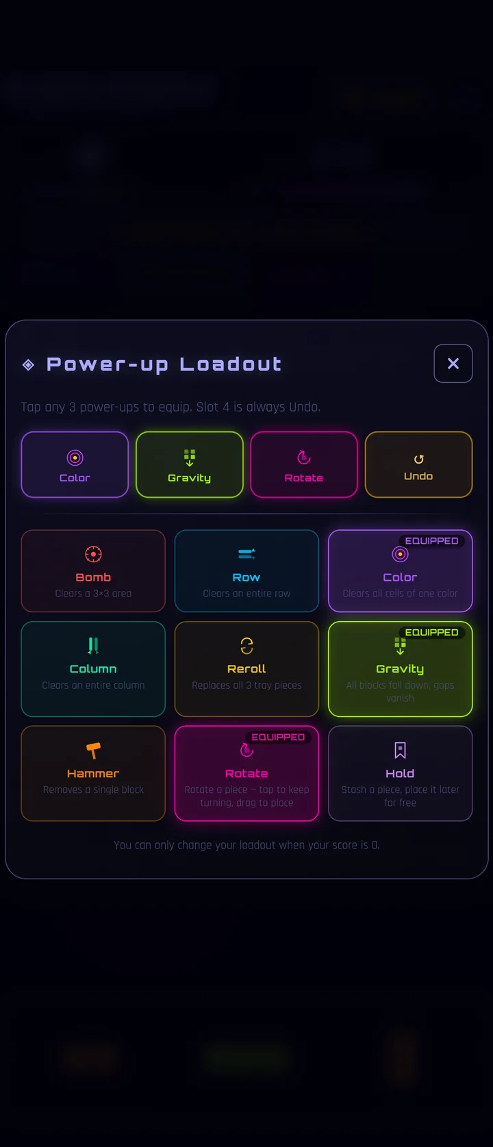 Block Puzzle Ultimate power-up loadout screen